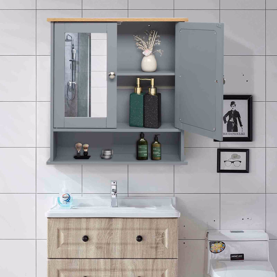2 Mirror Door 1 Storage Layer MDF Spray Paint Bathroom Wall Cabinet Grey