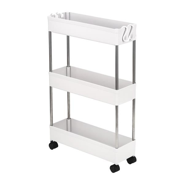 3-Layer Ultra-thin, Mobile Multi-Functional Slim Storage Cart,Suitable for Kitchen, Bathroom, Laundry Room Narrow Place, Plastic and Stainless Steel, White