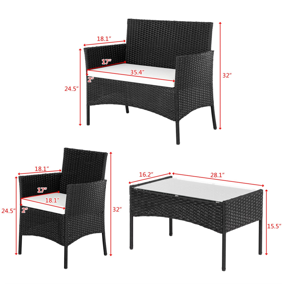 2pcs Arm Chairs, 1pc Love Seat & Tempered Glass Coffee Table Rattan Set  (Black)-Lavish Kitchen Island