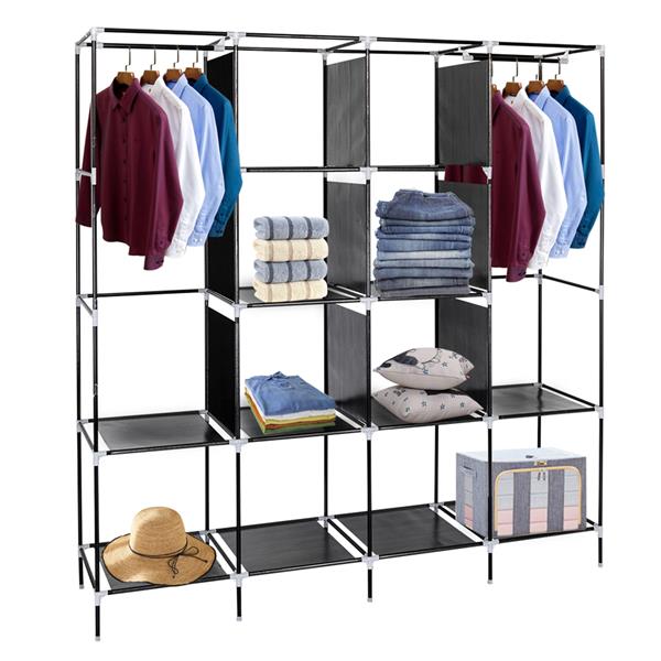 67" Clothes Closet Portable Wardrobe Clothes Storage Rack 12 Shelves 4 Side Pockets Black