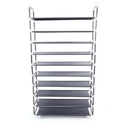Black 10-tier non-woven fabric shoe rack with handle, simple assembly, from Lavish Kitchen Isle, shown with shoes organized on multiple tiers.