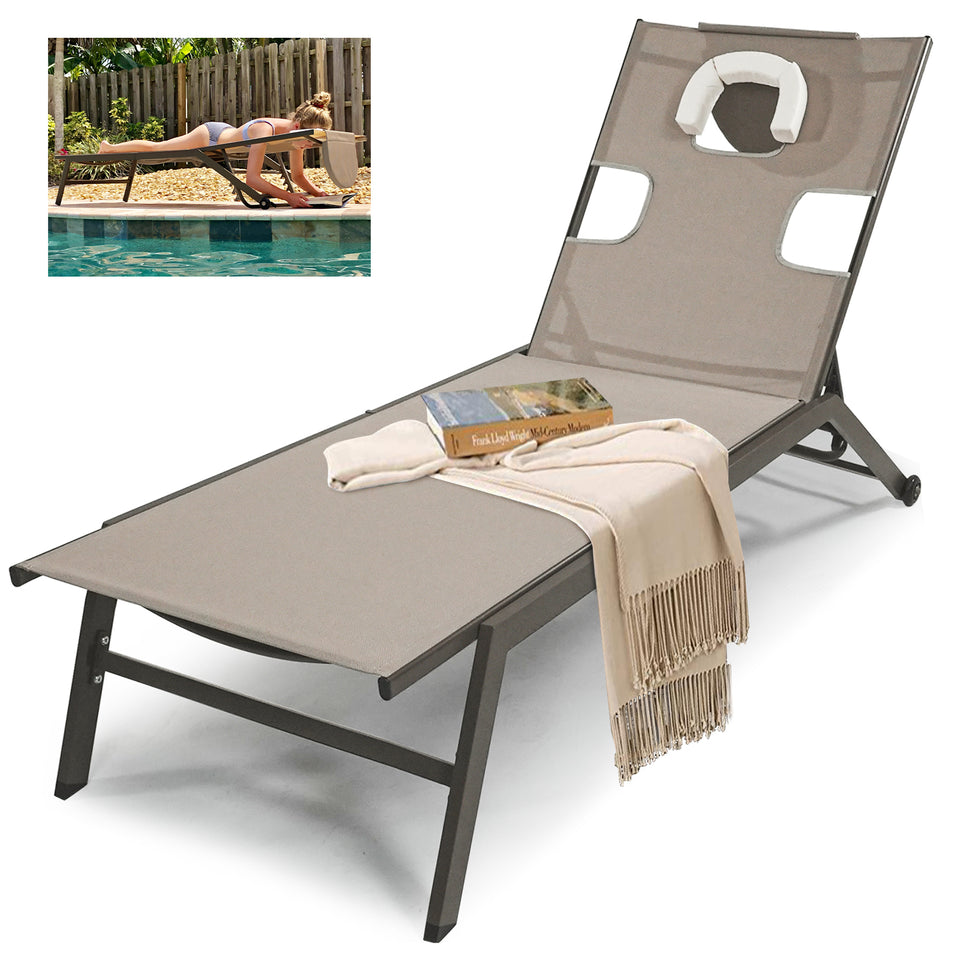 Brown Garden Sun Loungers Chair with Adjustable Back and Wheels