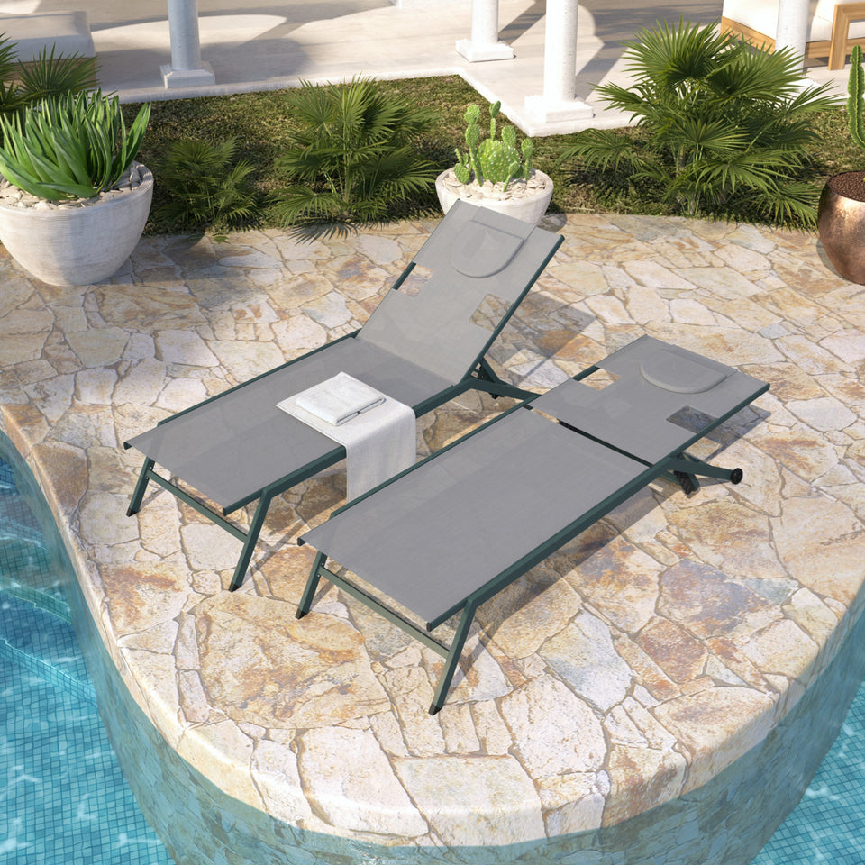 Outdoor Sun Loungers, Reclining Deck Chairs with Adjustable Back and Wheels