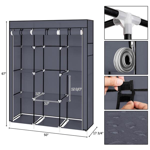 67" Portable Closet Organizer Wardrobe Storage Organizer with 10 Shelves Quick and Easy to Assemble Extra Space Grey