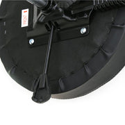 Black round adjustable salon stool with back support, featuring a modern design and height adjustment for comfortable seating.