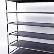 Black 10-tier non-woven fabric shoe rack with handle, simple assembly by Lavish Kitchen Isle, featuring multiple storage shelves.