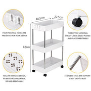 3-Layer Mobile Multi-functional Storage Cart,Suitable for Kitchen, Bathroom, Laundry Room Narrow Place, Plastic and Stainless Steel, White