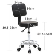 Black round adjustable salon stool with backrest, featuring a sleek design and ergonomic height adjustment for professional styling.