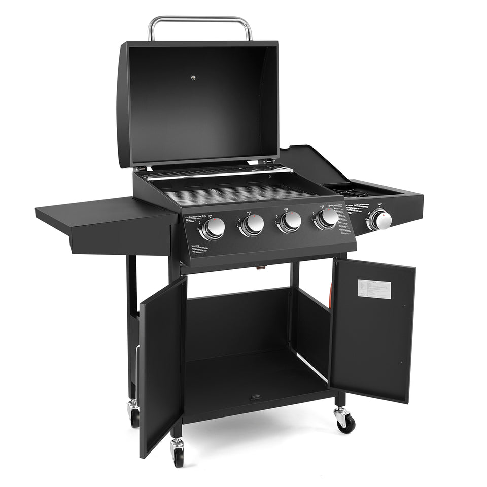 BBQ grill with Lid Cover, stand and Wheels 4 stainless steel burners- Black
