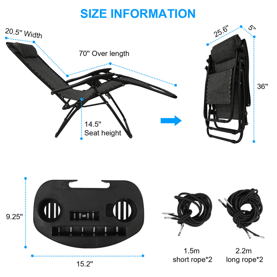 Black Sunloungers Recliner Set of 2, Zero Gravity With Cup Phone Holder Head Pillow