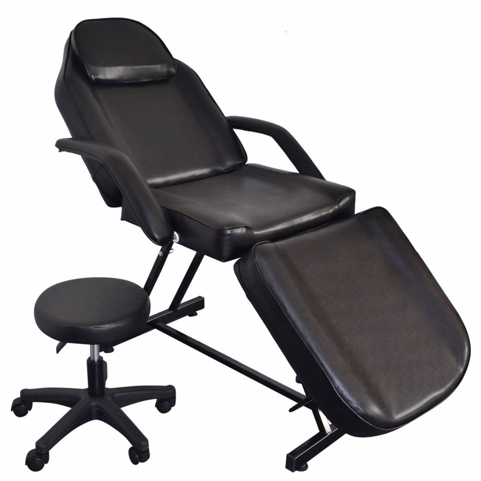 Reclining Beauty Salon Chair Tattoo Spa Facial Couch Bed with Stool Black