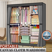 Gray portable closet wardrobe with shelves and hanging space, Lavish Kitchen Isle clothes rack storage organizer, 71 inches tall.