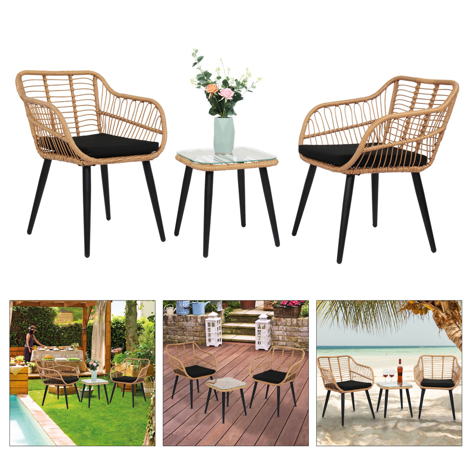 3 Piece Patio Wicker Chair Set with Glass Top Table and Soft Cushion, Outdoor Backyard Porch Furniture