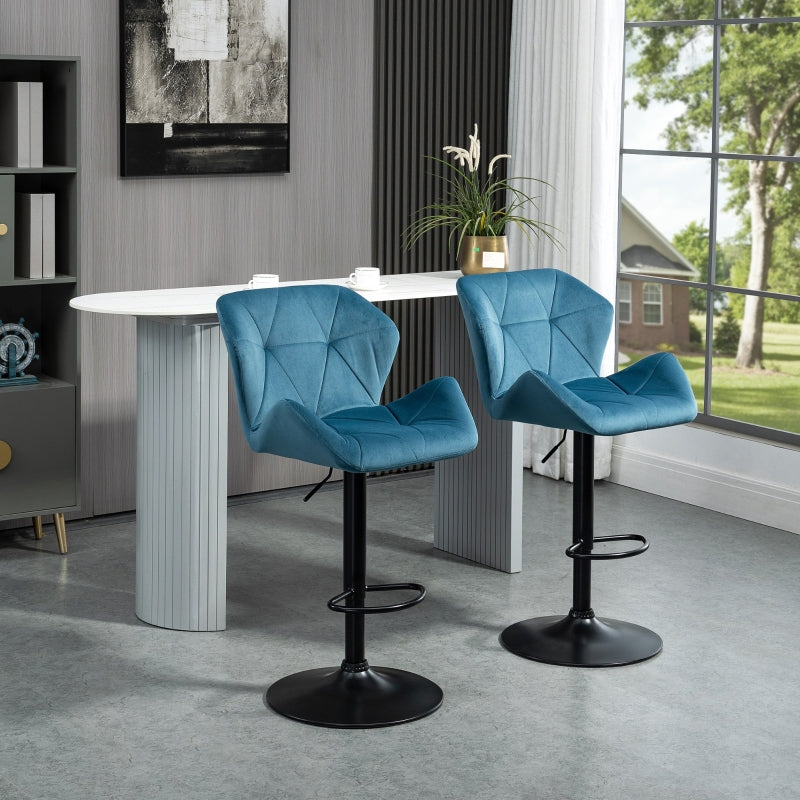 Set of 2 Triangular seat Blue Luxurious Velvet Bar Stools with Metal Frame