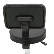 Black round adjustable salon stool with back support, featuring a sleek design and cushioned seat for comfortable seating.