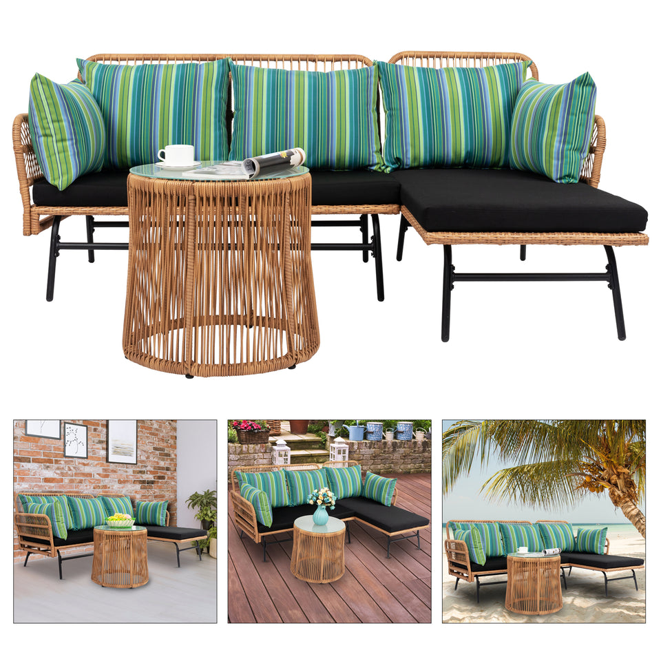Outdoor 3 Piece Sectional Set Patio Furniture, Rope Woven L-Shaped  Sofa