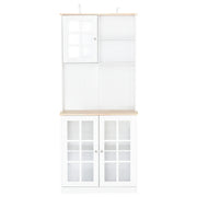 White HOMCOM kitchen cupboard sideboard storage cabinet with glass doors, shelves, and countertop, 80L capacity.