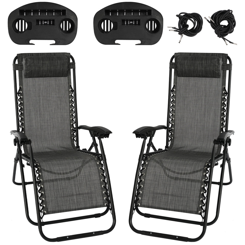 Grey Sunloungers Recliner Set of 2, Zero Gravity With Cup Phone Holder Head Pillow