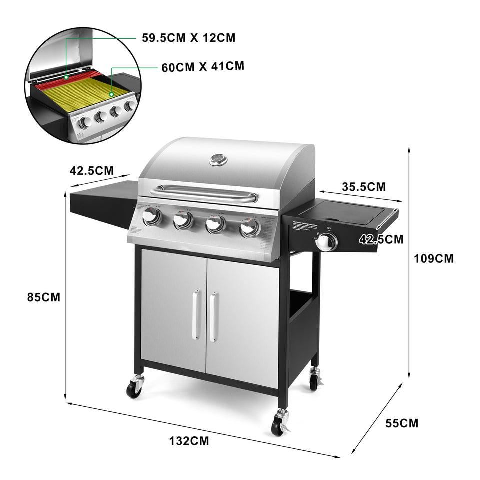 BBQ grill with Lid Cover, stand and Wheels 4 stainless steel burners  Outdoor Cooker