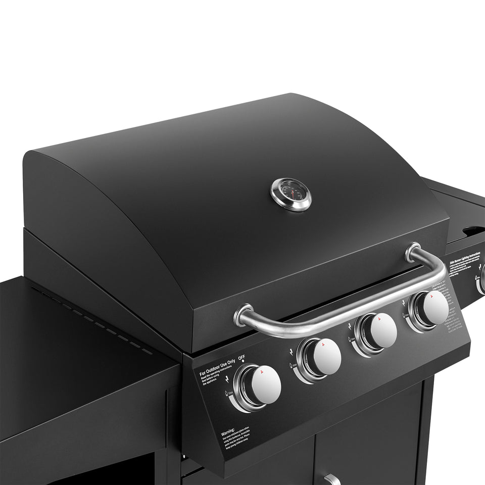 BBQ grill with Lid Cover, stand and Wheels 4 stainless steel burners- Black