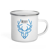 White 12oz Merry Christmas enamel camping mug by Lavish Kitchen Isle, featuring festive holiday design for Christmas gifts.