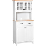 Freestanding Kitchen Storage Cabinet with Framed Glass Doors, Drawers, Microwave Counter- White