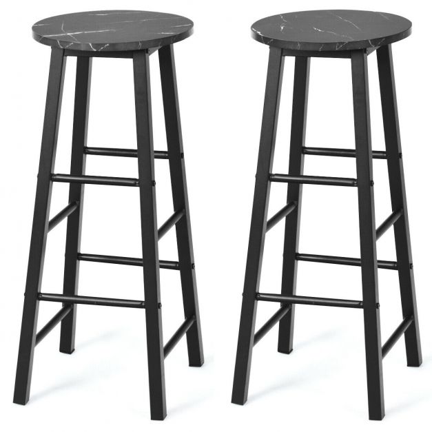 Set of 2 Faux Marble Bar Stools with Footrest and Anti-slip Foot Pad