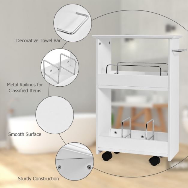 2-Tier Slim Rolling Storage Cart with Metal Dividers and Towel Bar