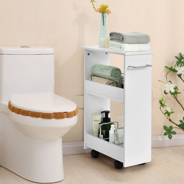 2-Tier Slim Rolling Storage Cart with Metal Dividers and Towel Bar