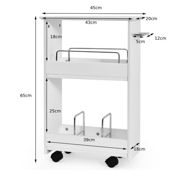 2-Tier Slim Rolling Storage Cart with Metal Dividers and Towel Bar