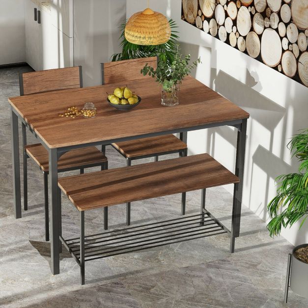 4Pcs Dining Table and Chair Set with Storage Bench