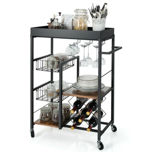 4-Tier Kitchen Serving Trolley with Wine Rack and Glass Holder