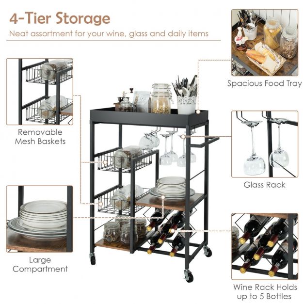 4-Tier Kitchen Serving Trolley with Wine Rack and Glass Holder