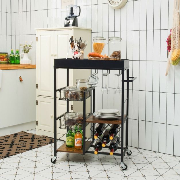 4-Tier Kitchen Serving Trolley with Wine Rack and Glass Holder