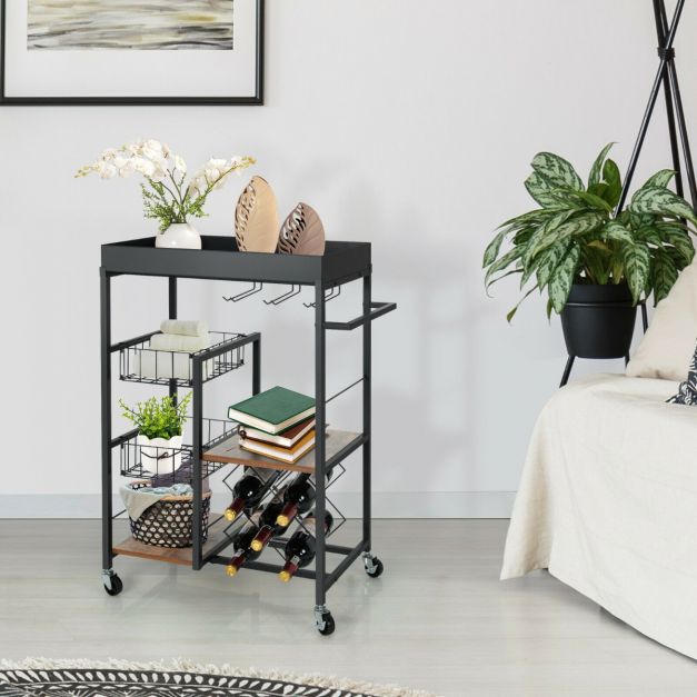 4-Tier Kitchen Serving Trolley with Wine Rack and Glass Holder