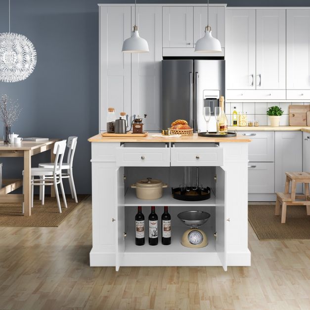 Drop-Leaf Kitchen Island with Extendable Worktop and Adjustable Shelves