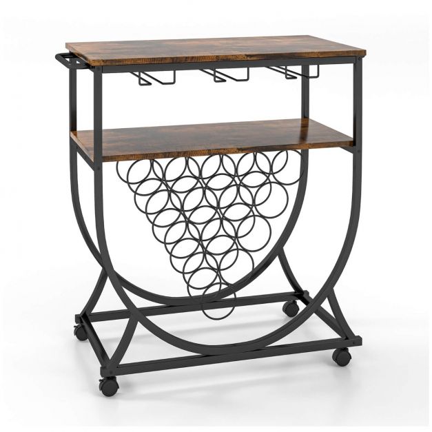Industrial Rolling Bar Cart with Wine Rack Glass Holders and Utility Wood Tabletop