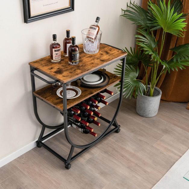 Industrial Rolling Bar Cart with Wine Rack Glass Holders and Utility Wood Tabletop