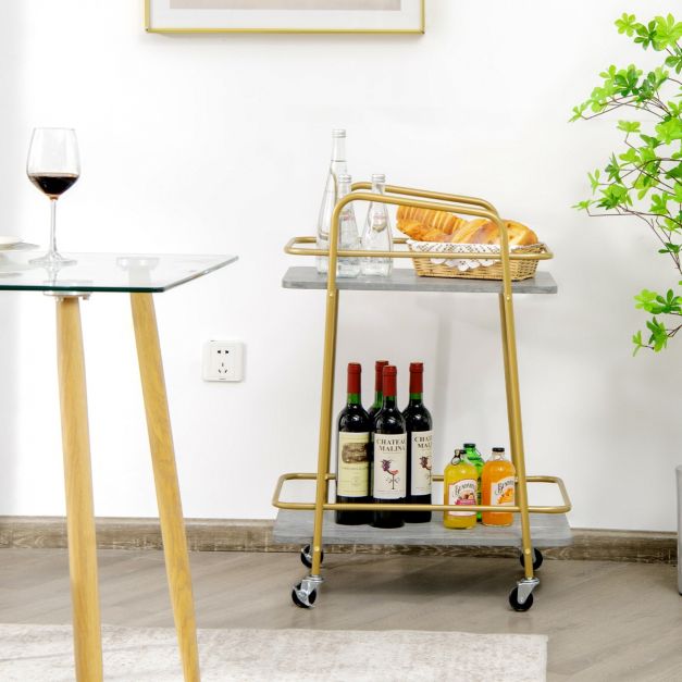 2-tier Kitchen Rolling Cart with with Steel Frame and Lockable Casters