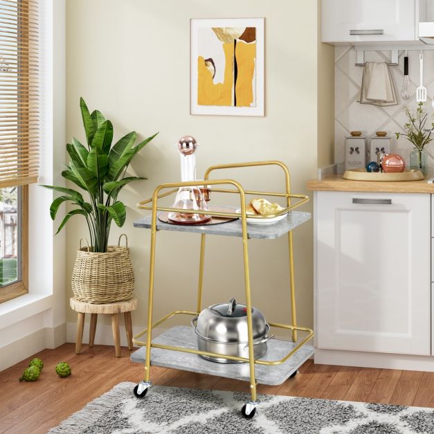 2-tier Kitchen Rolling Cart with with Steel Frame and Lockable Casters