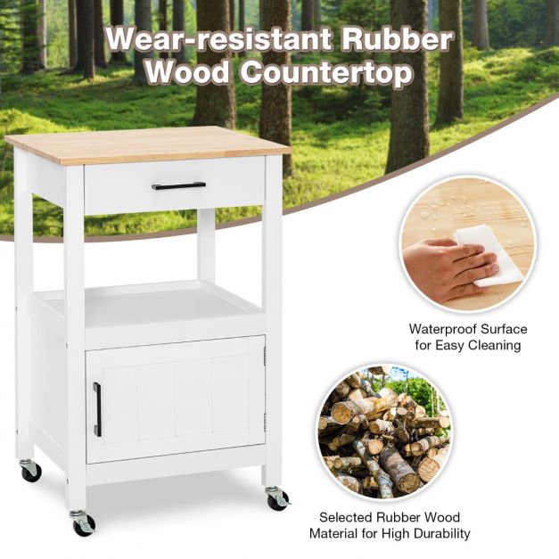 2-Tier Rolling Small Kitchen Island Cart with Rubber Wood Countertop