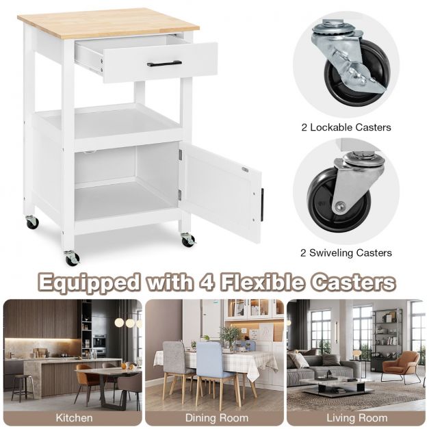 2-Tier Rolling Small Kitchen Island Cart with Rubber Wood Countertop