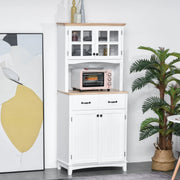 Freestanding Kitchen Storage Cabinet with Framed Glass Doors, Drawers, Microwave Counter- White