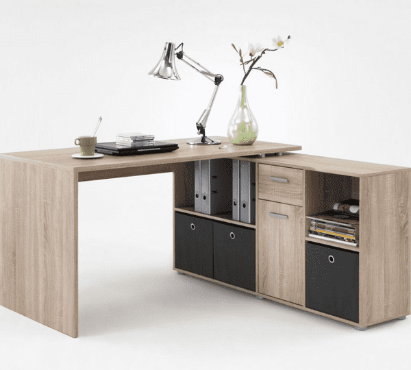 Lavish Kitchen Island L Shaped Corner Desk with Storage in Oak Effect, Office Desk, Home Office Desk
