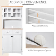 Freestanding Kitchen Storage Cabinet with Framed Glass Doors, Drawers, Microwave Counter- White