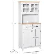Freestanding Kitchen Storage Cabinet with Framed Glass Doors, Drawers, Microwave Counter- White