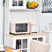 White HOMCOM kitchen cupboard sideboard with glass doors, shelves, and countertop storage, 80L x 37W x 183H cm.