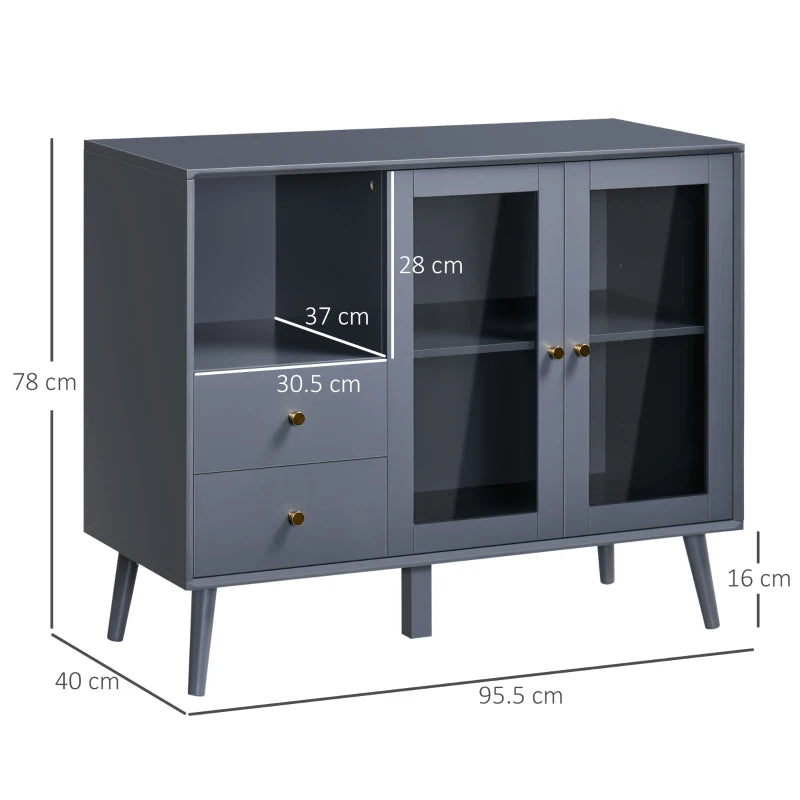 Modern Sideboard with Glass Doors Cupboard, 2 Drawers and Open Shelf for Living Room, Hallway- Grey
