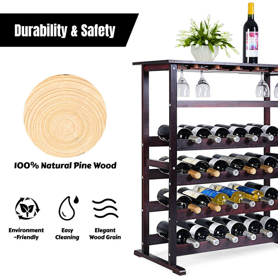 24 Bottle Wood Storage Wine Rack and 18 Glass Holder Wine Display Stand Shelf-COSTWAY