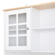 White HOMCOM kitchen cupboard sideboard with glass doors, shelves, and countertop, measuring 80L x 37W x 183H cm.